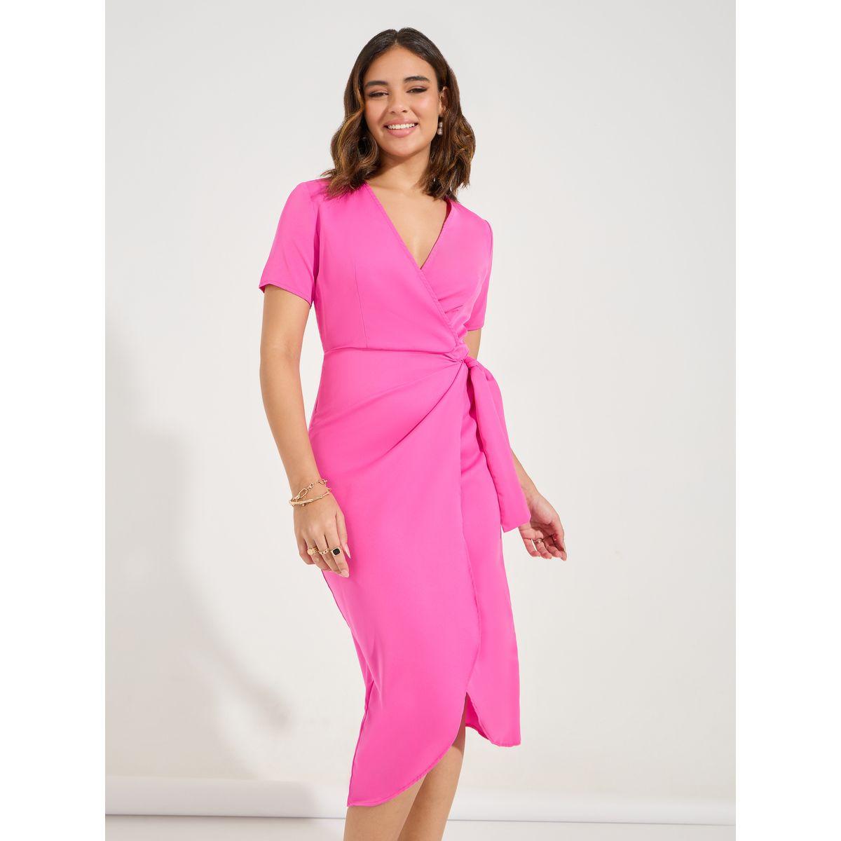 Luxewave X Styli  Solid V Neck Midi Wrap Dress-women-clothing-dresses-image-3