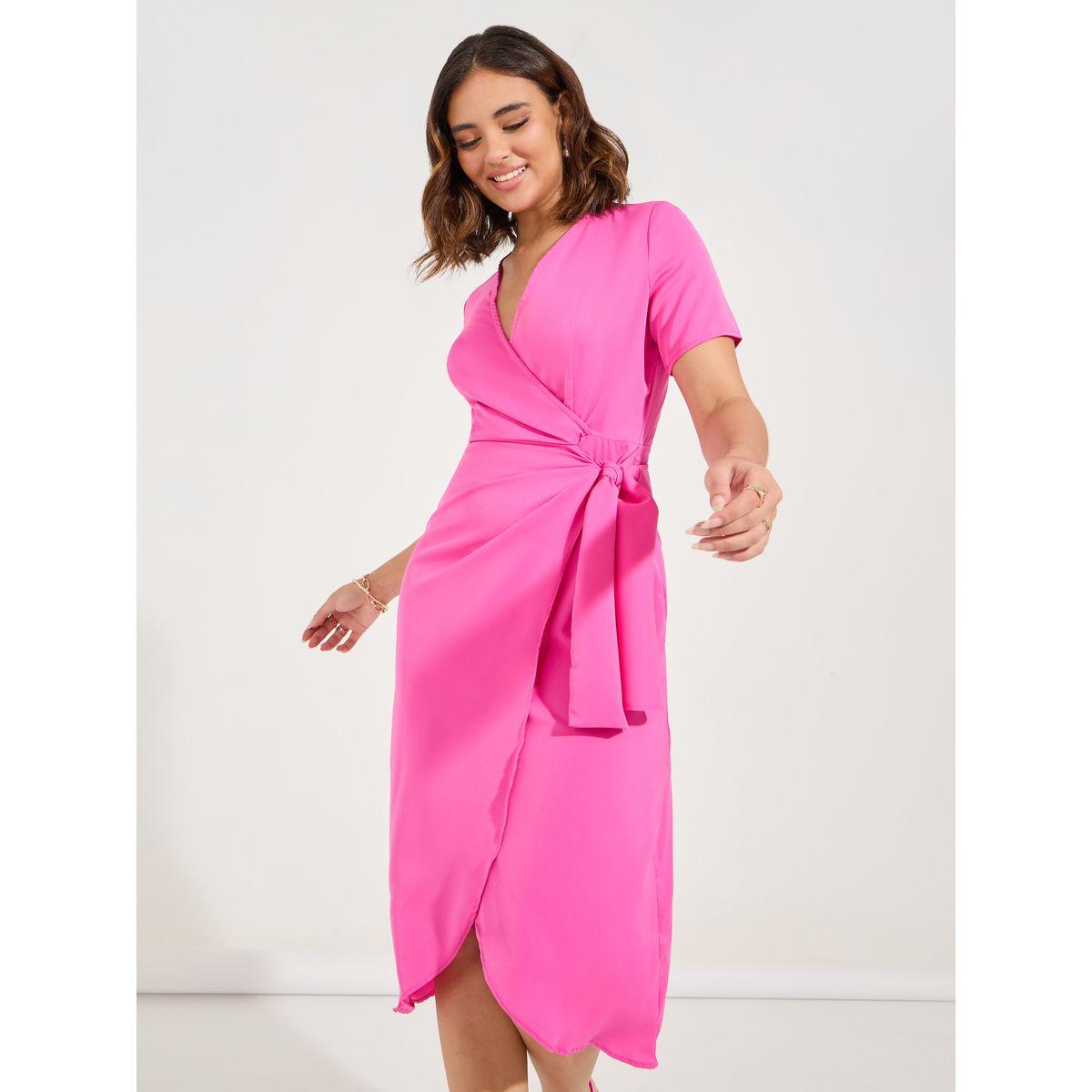 Luxewave X Styli  Solid V Neck Midi Wrap Dress-women-clothing-dresses-image-4