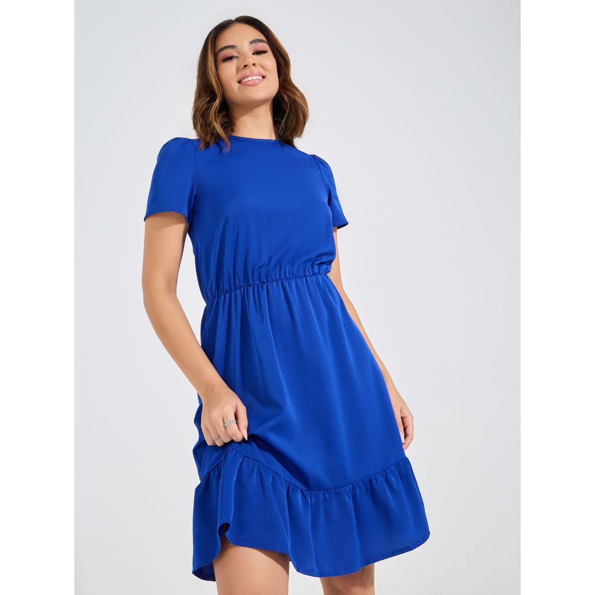 فستان سادة بطول الركبة واكمام منفوخة لوكس ويف × ستايلي-women-clothing-dresses-image-4