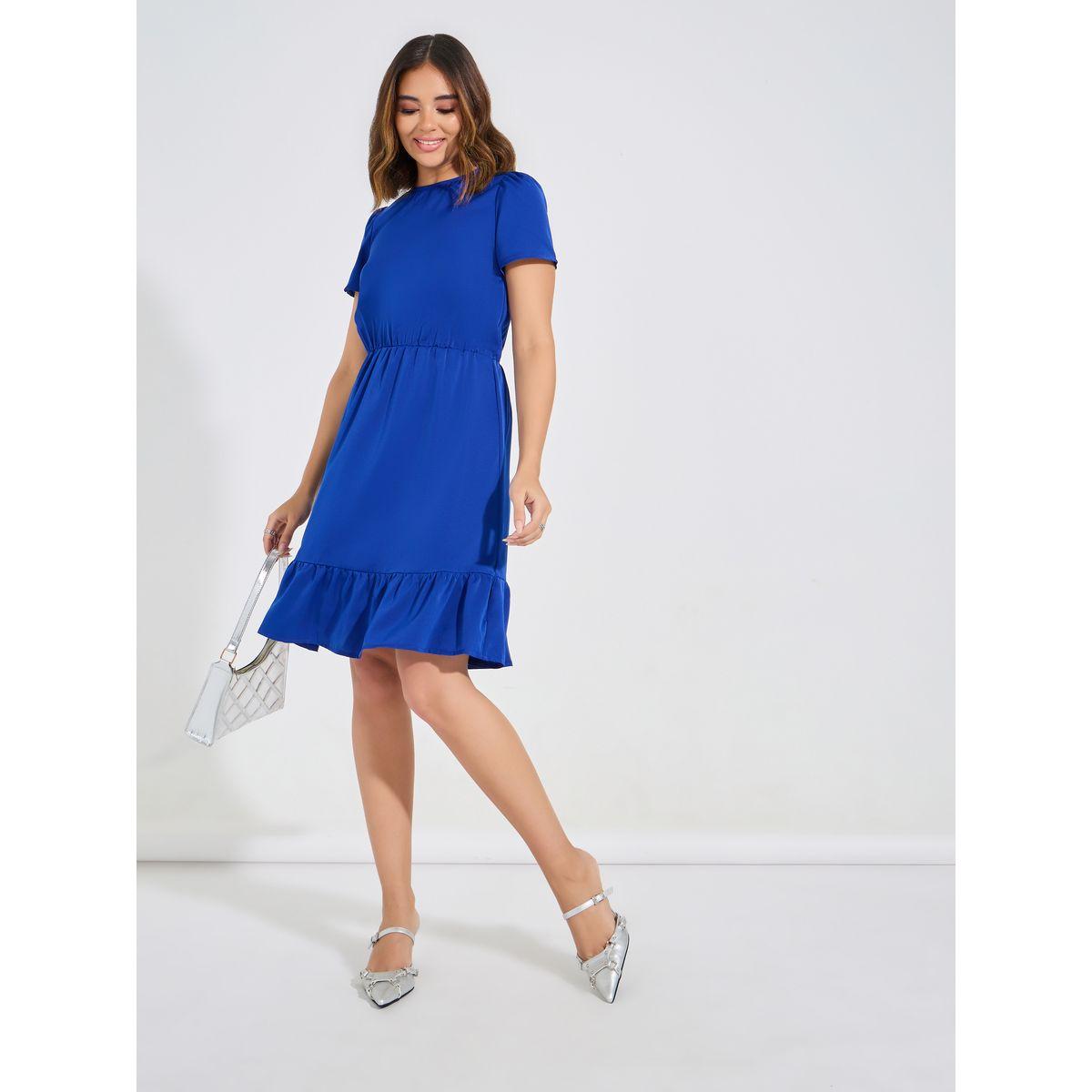 فستان سادة بطول الركبة واكمام منفوخة لوكس ويف × ستايلي-women-clothing-dresses-image-5