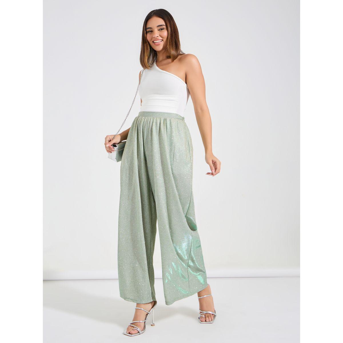 Luxewave X Styli  Glitter Look Wide Leg Pants with Elastic Waistband-women-clothing-bottoms-trousers-image-1