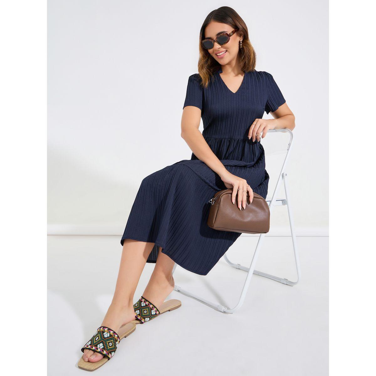 Luxewave X Styli  Solid Textured V Neck Midi Dress-women-clothing-dresses-image-1