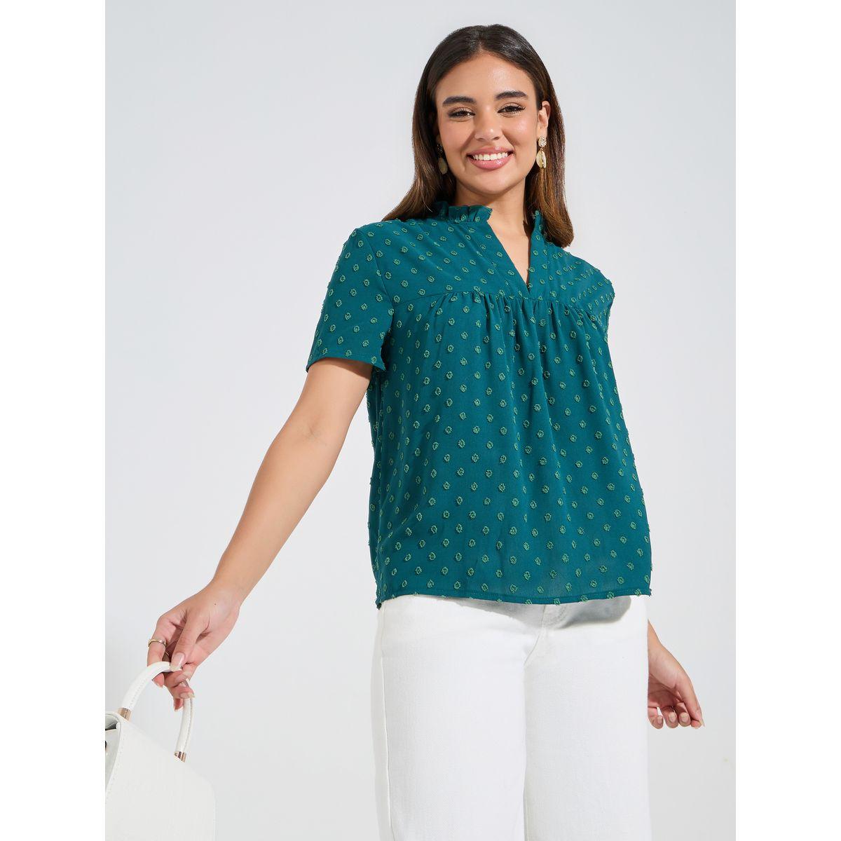 Luxewave X Styli  Swiss Dots Solid Notch Neck Blouse-women-clothing-shirtsandblouses-blouses-image-1