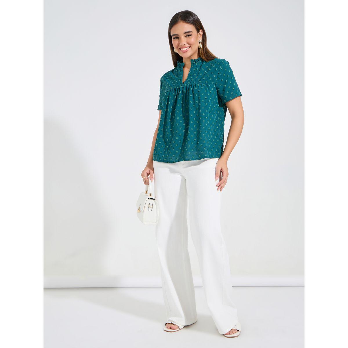 Luxewave X Styli  Swiss Dots Solid Notch Neck Blouse-women-clothing-shirtsandblouses-blouses-image-2