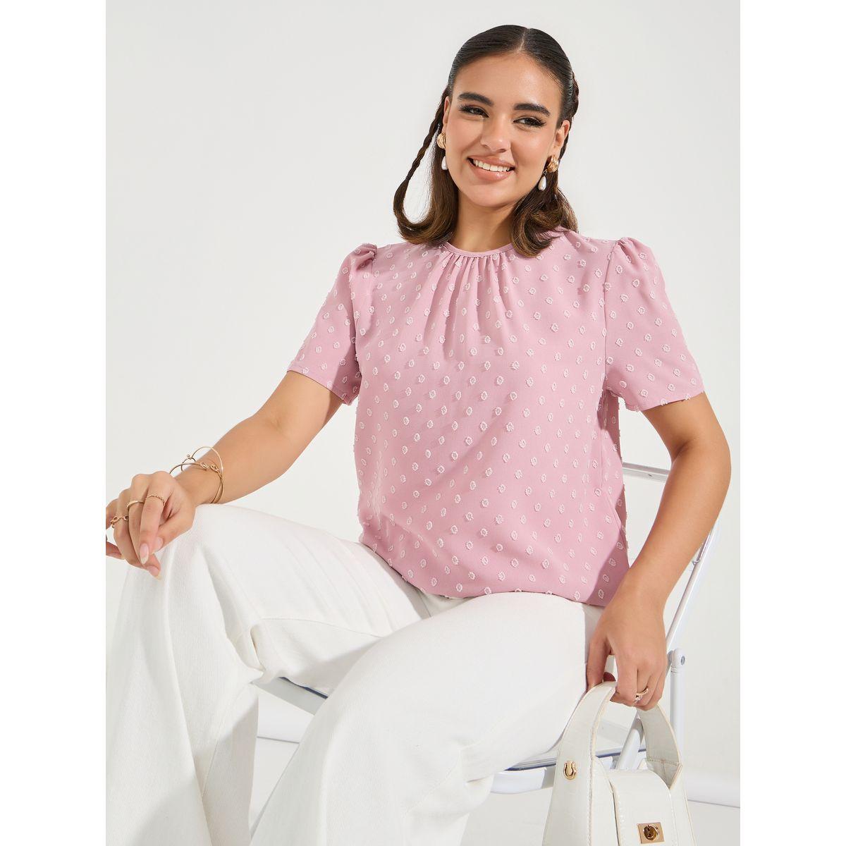 بلوزة سادة بخيوط دوبي مع اكمام منفوخة لوكس ويف × ستايلي-women-clothing-shirtsandblouses-blouses-image-1