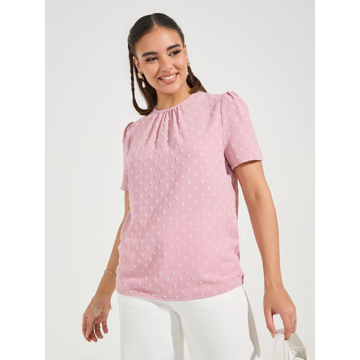 بلوزة سادة بخيوط دوبي مع اكمام منفوخة لوكس ويف × ستايلي-women-clothing-shirtsandblouses-blouses-image-3