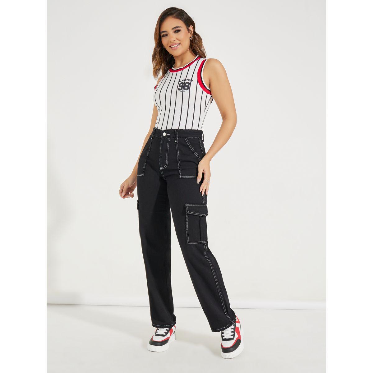 Styli Wide Leg Cargo Full Length Jeans with Stitch Detail-women-clothing-bottoms-jeans-image-1
