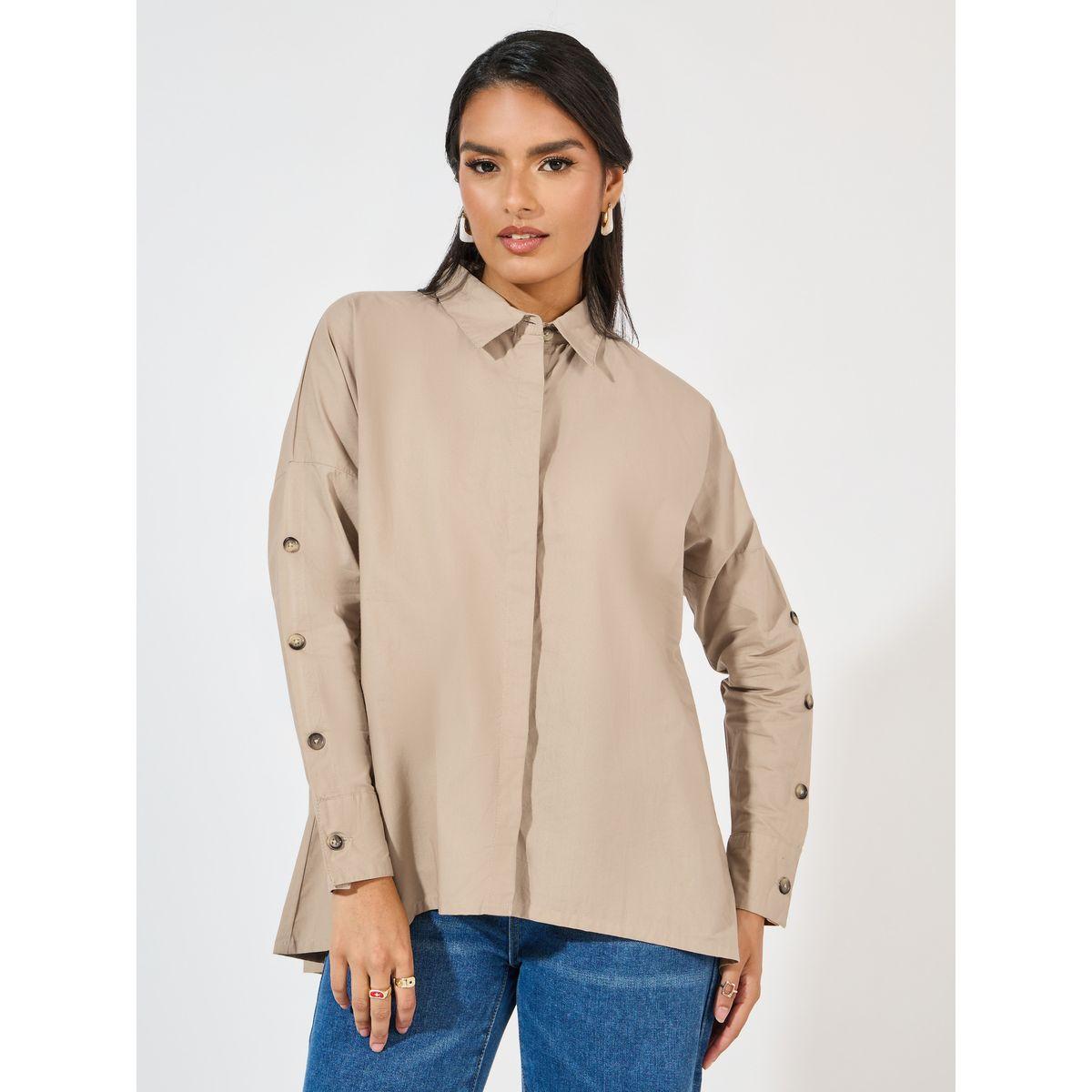 Styli Elevate Oversized Longline Poplin Shirt with Button Accent-women-clothing-shirtsandblouses-shirts-image-2
