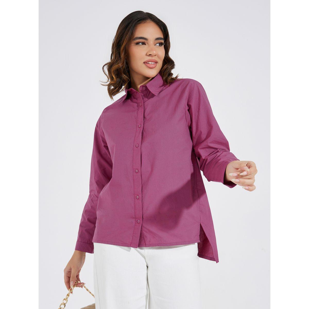 Styli Elevate High-Low Hem Poplin Shirt with Button Placket-women-clothing-shirtsandblouses-shirts-image-1