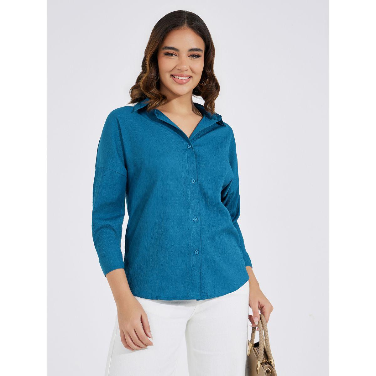 Styli Elevate Textured Longline Shirt with Back Button Placket-women-clothing-shirtsandblouses-shirts-image-1