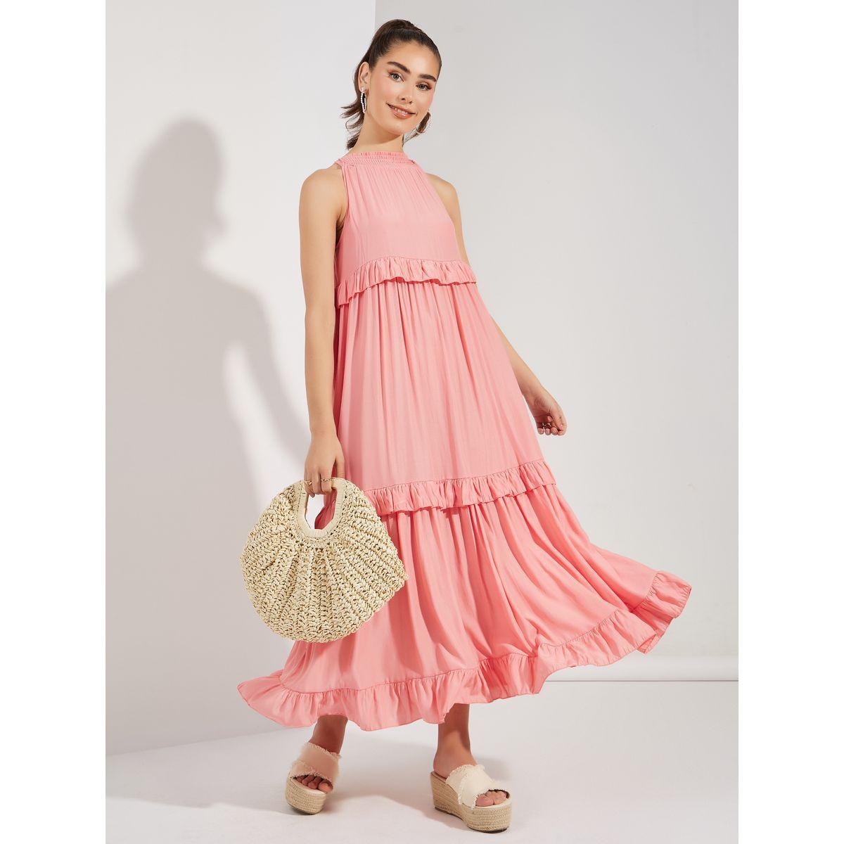 فستان طويل سادة بياقة هولتر مع كشكش-women-clothing-dresses-image-1