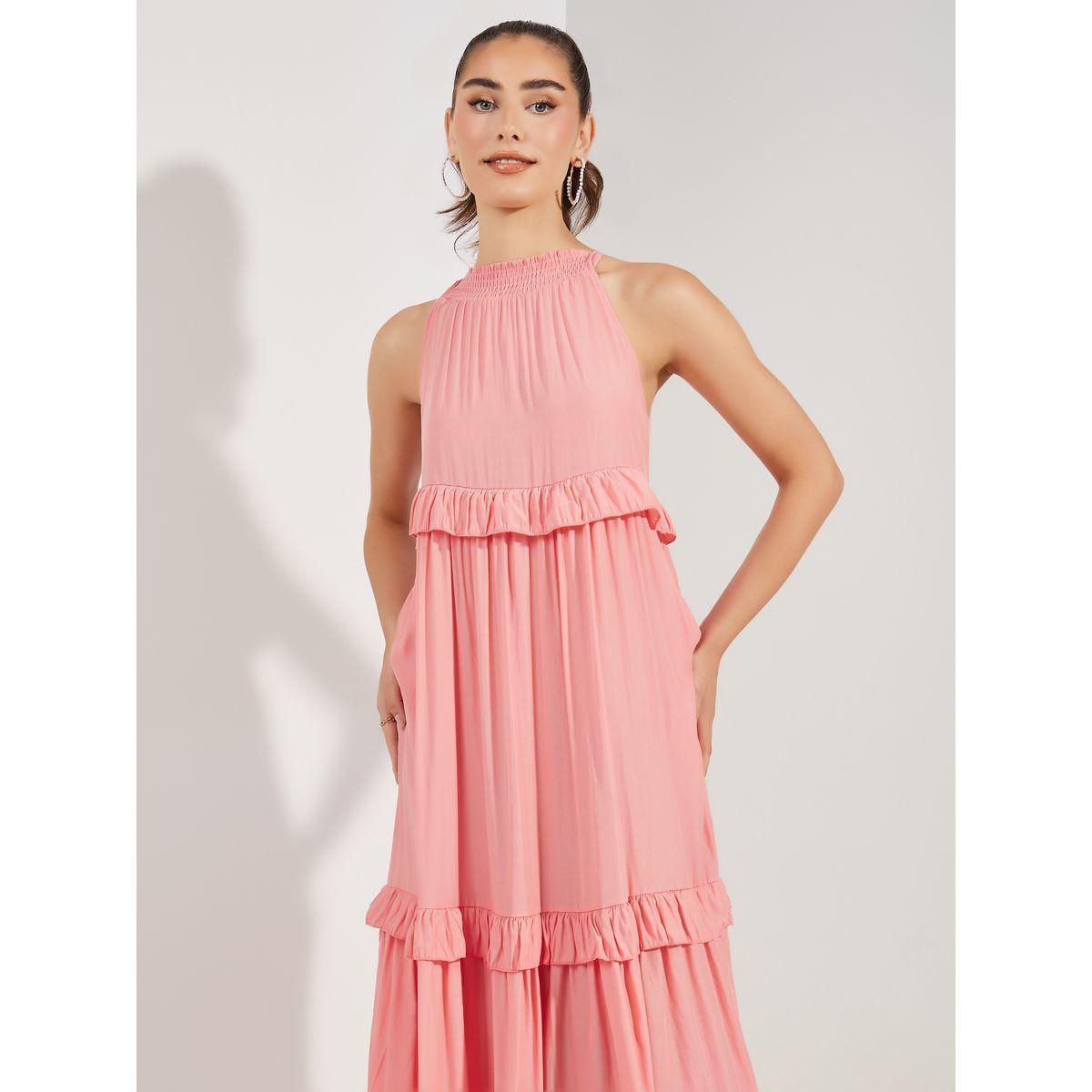Styli Solid Ruffle Hem Halter Neck Maxi Dress-women-clothing-dresses-image-2