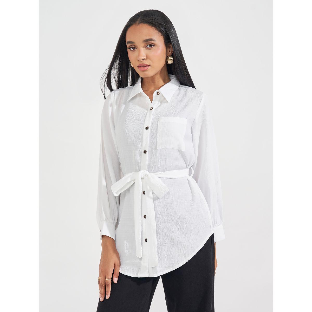 Styli Elevate Regular Fit Longline Shirt with Tie Belt-women-clothing-shirtsandblouses-shirts-image-1