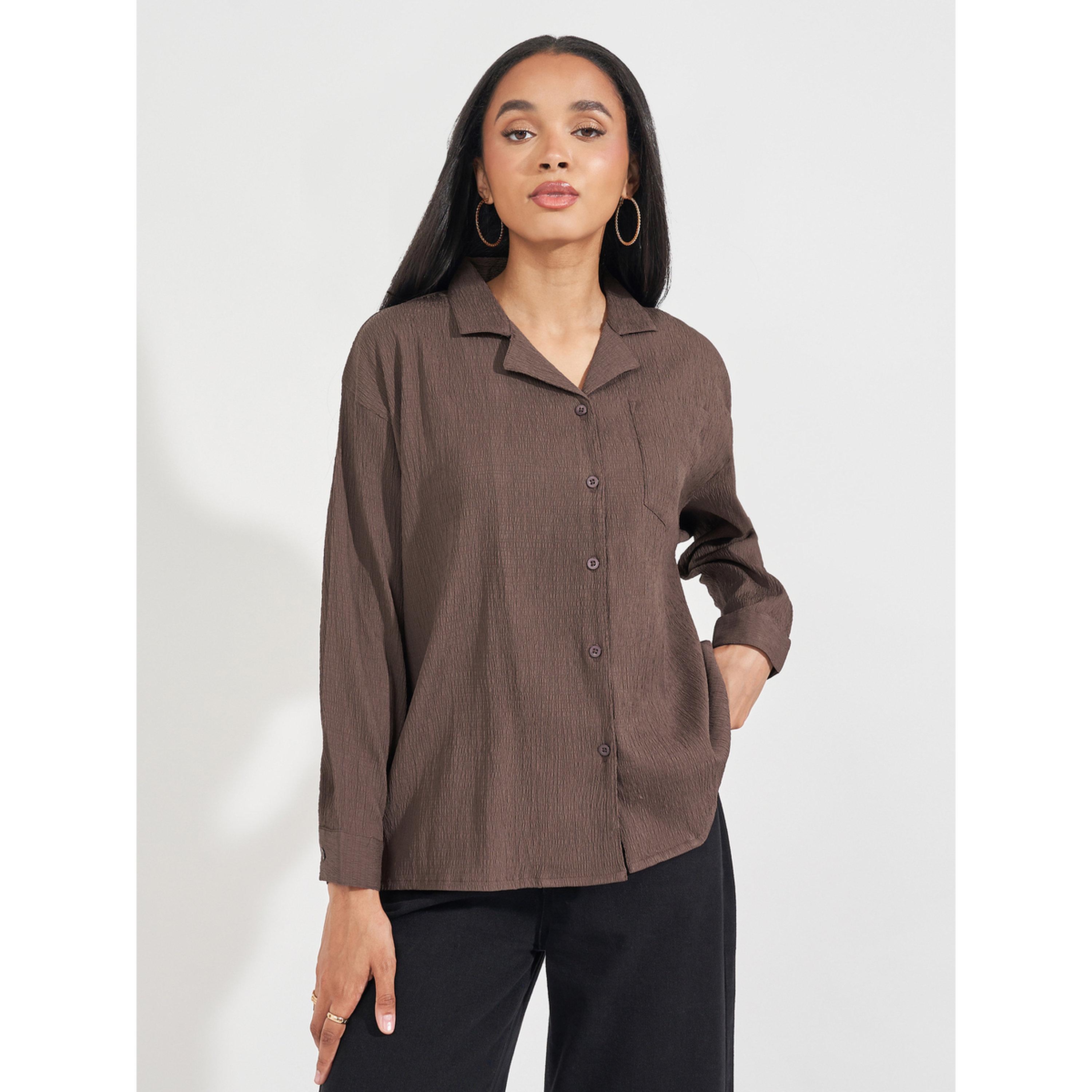 Styli Brown Textured Long Sleeve Shirt-women-clothing-shirtsandblouses-shirts-image-1