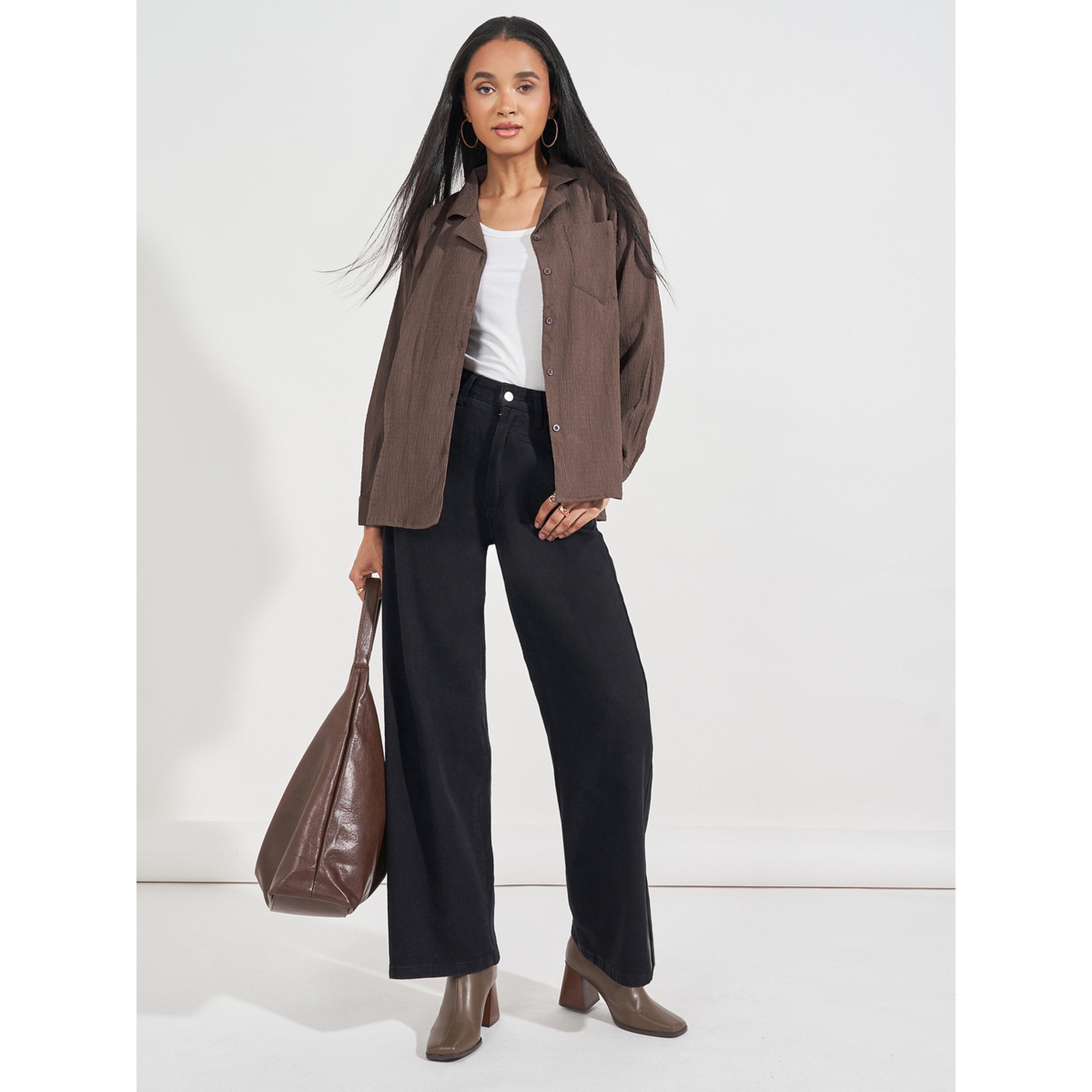 Styli Brown Textured Long Sleeve Shirt-women-clothing-shirtsandblouses-shirts-image-2