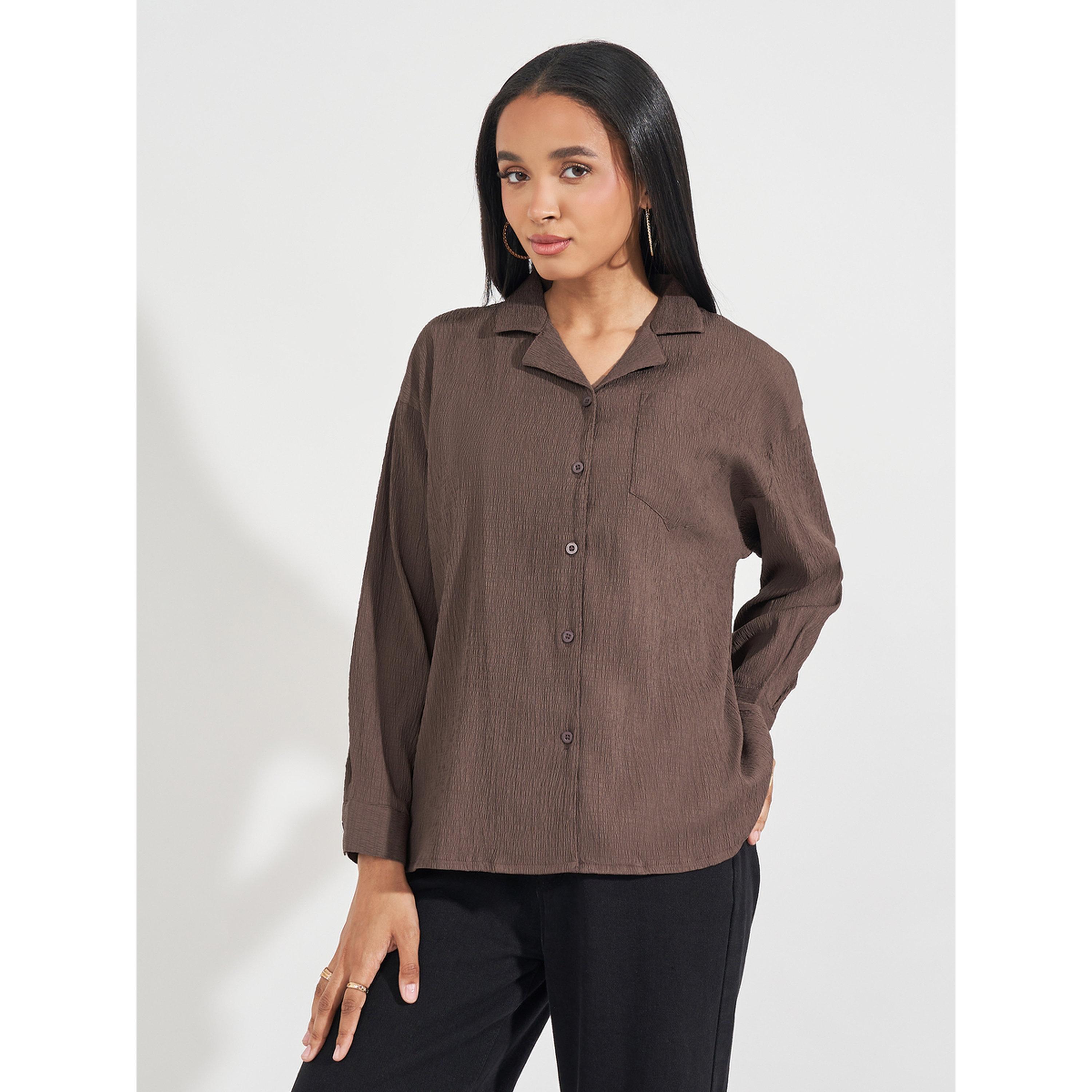 Styli Brown Textured Long Sleeve Shirt-women-clothing-shirtsandblouses-shirts-image-3