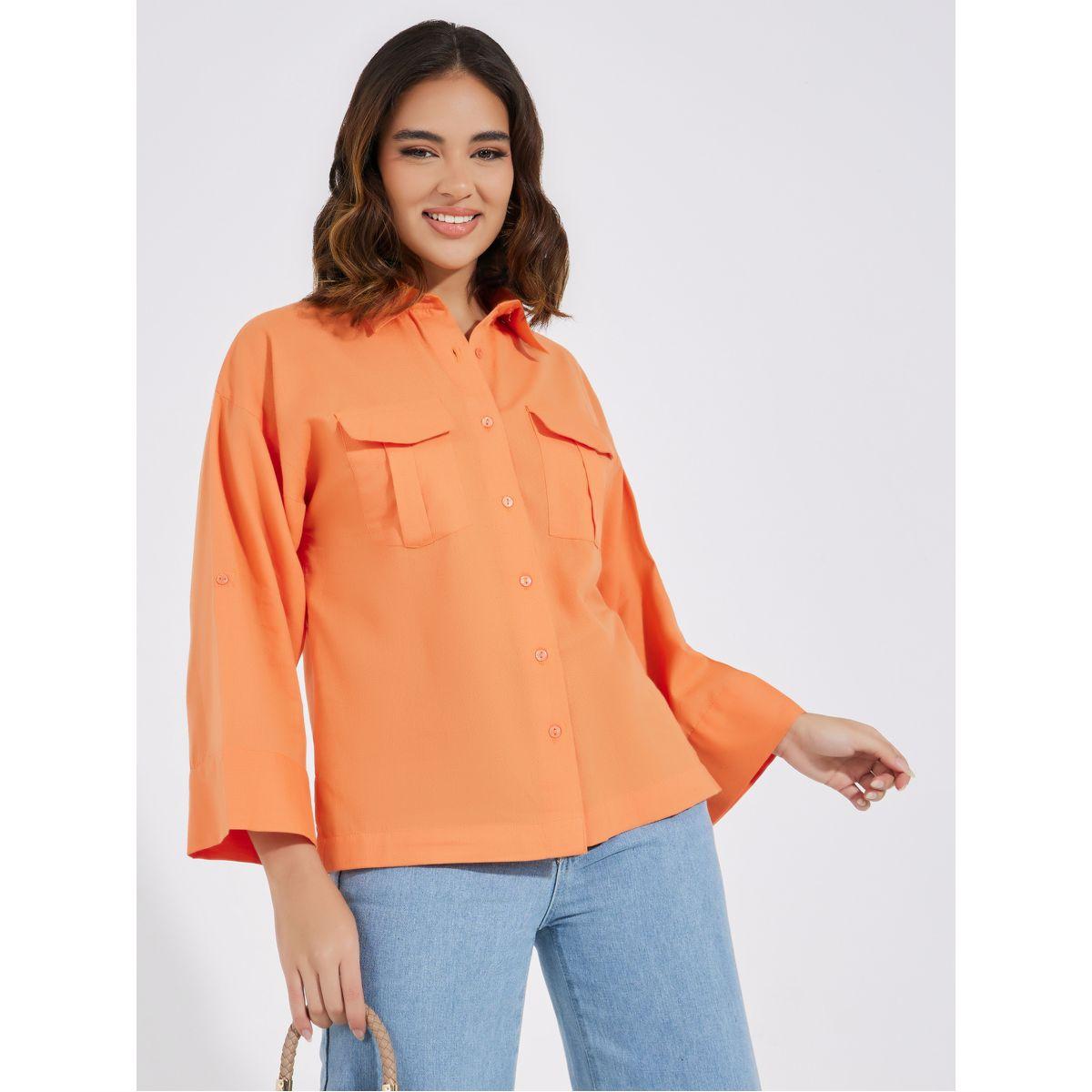 بلوزة فضفاضة بأكمام طويلة وتفاصيل جيوب-women-clothing-shirtsandblouses-shirts-image-3