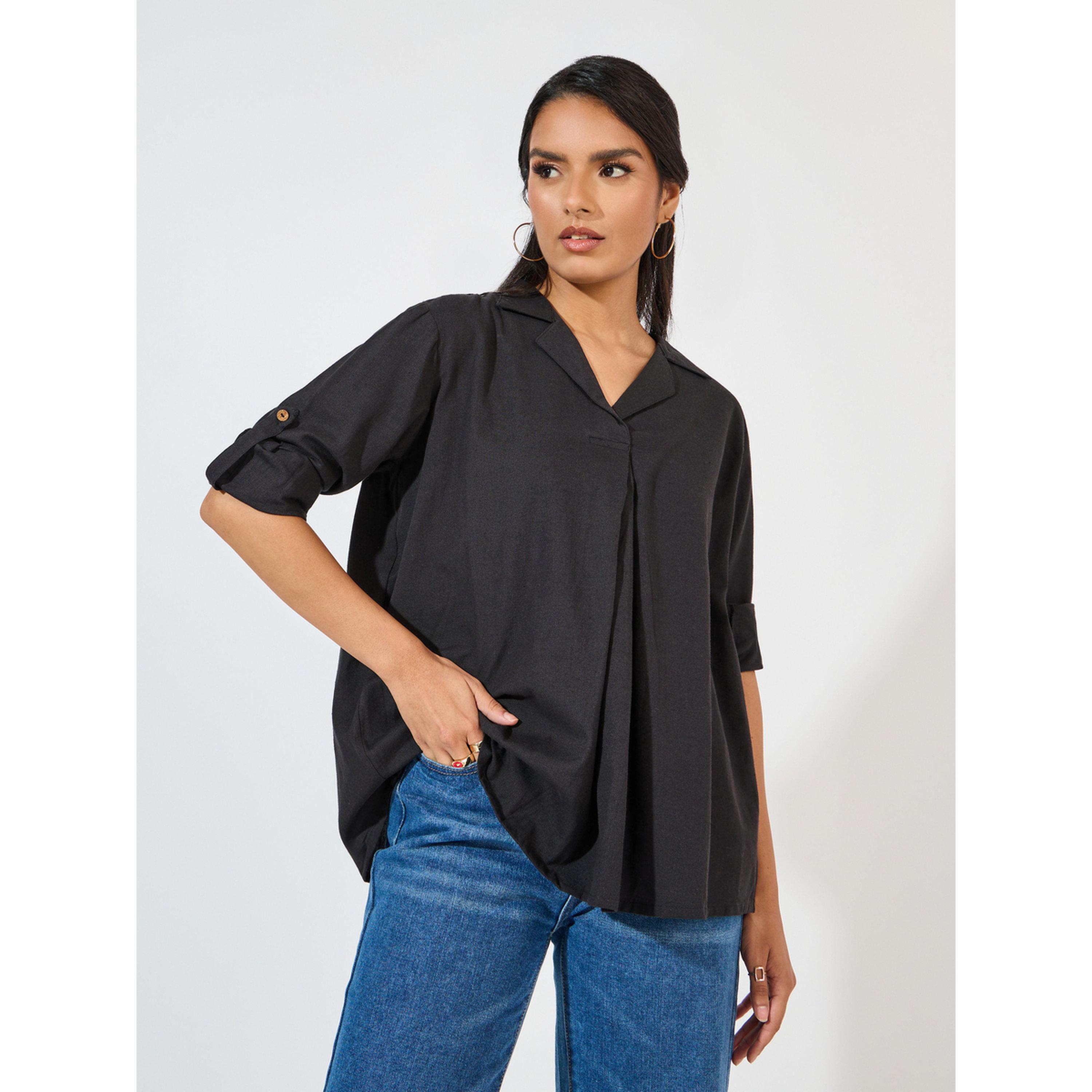 Styli Black Relaxed Fit Cotton Blend Shirt-women-clothing-shirtsandblouses-blouses-image-1