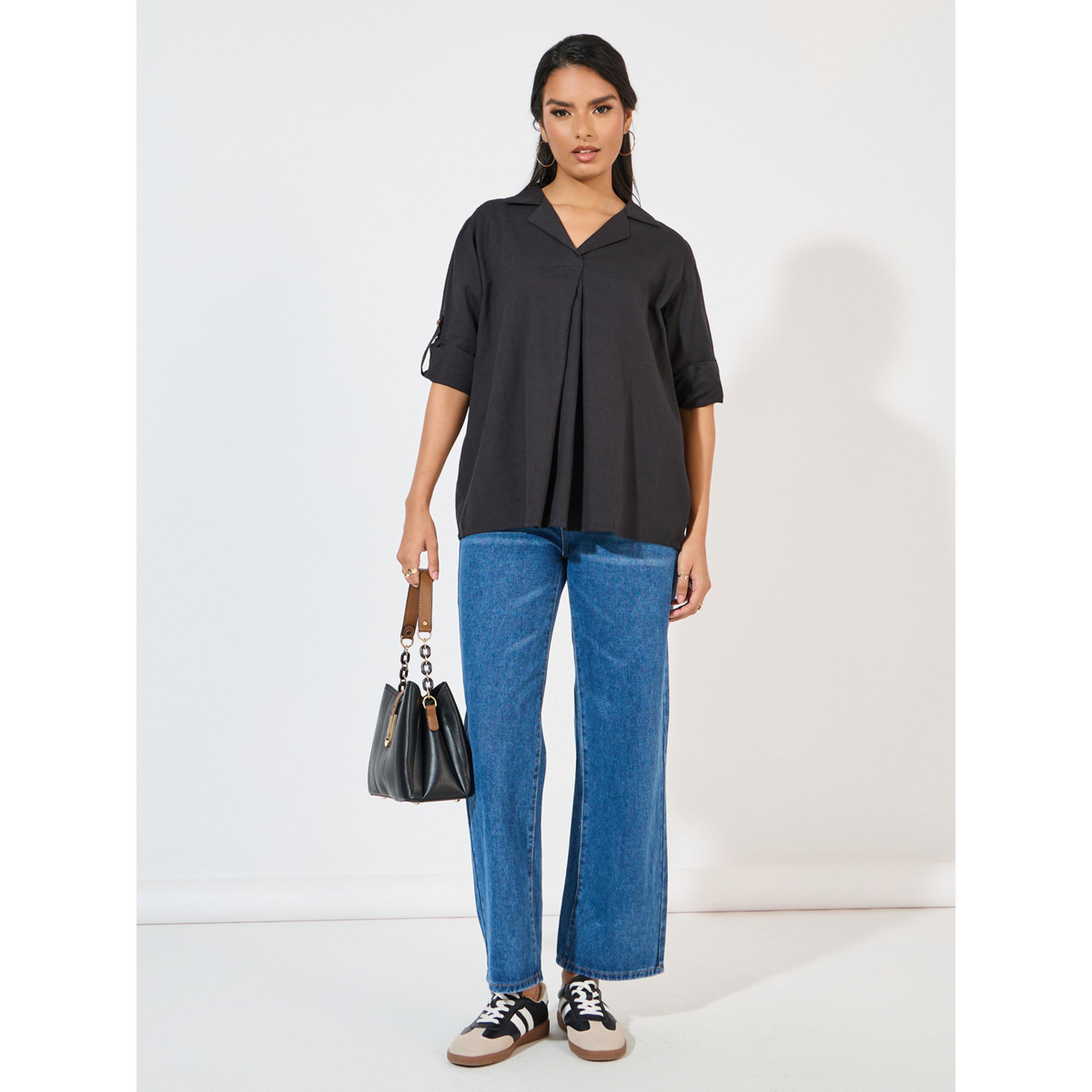 Styli Black Relaxed Fit Cotton Blend Shirt-women-clothing-shirtsandblouses-blouses-image-3