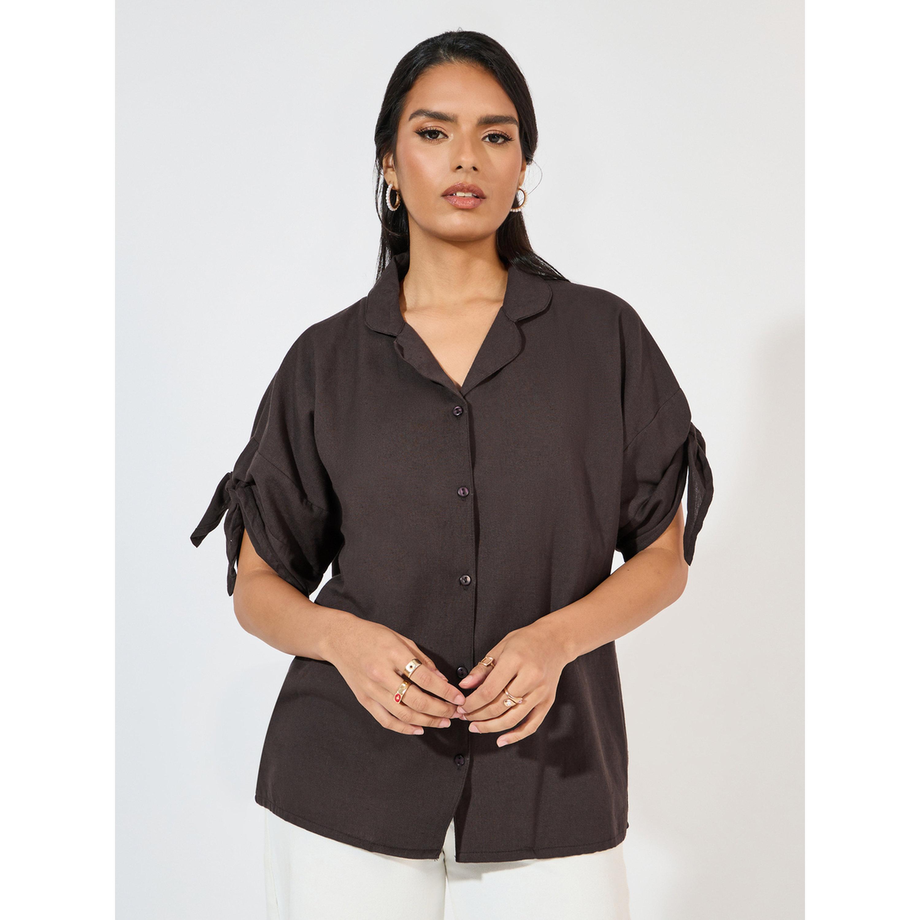 Styli Brown Cotton Blend Tie-Sleeve Shirt-women-clothing-shirtsandblouses-shirts-image-1