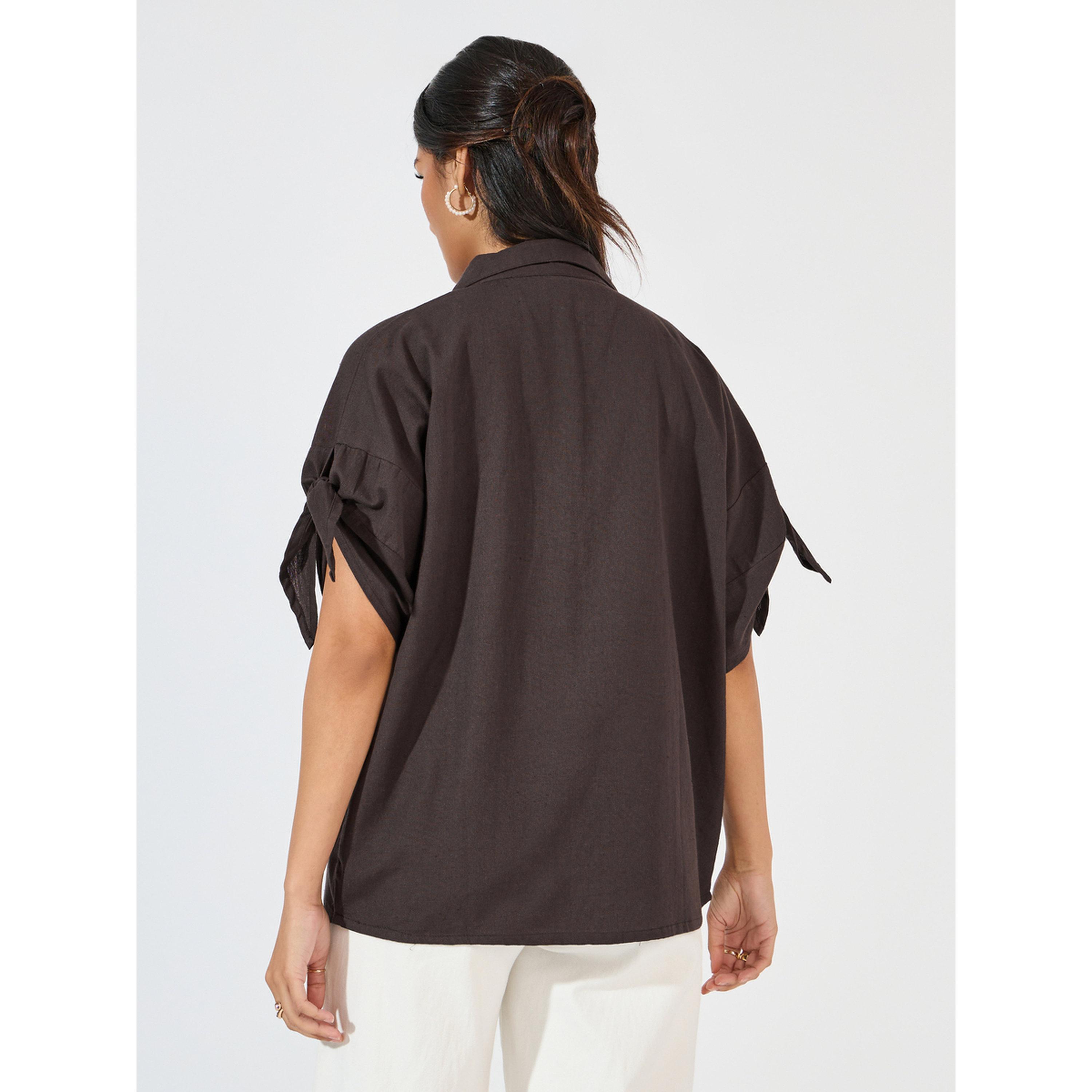 Styli Brown Cotton Blend Tie-Sleeve Shirt-women-clothing-shirtsandblouses-shirts-image-4