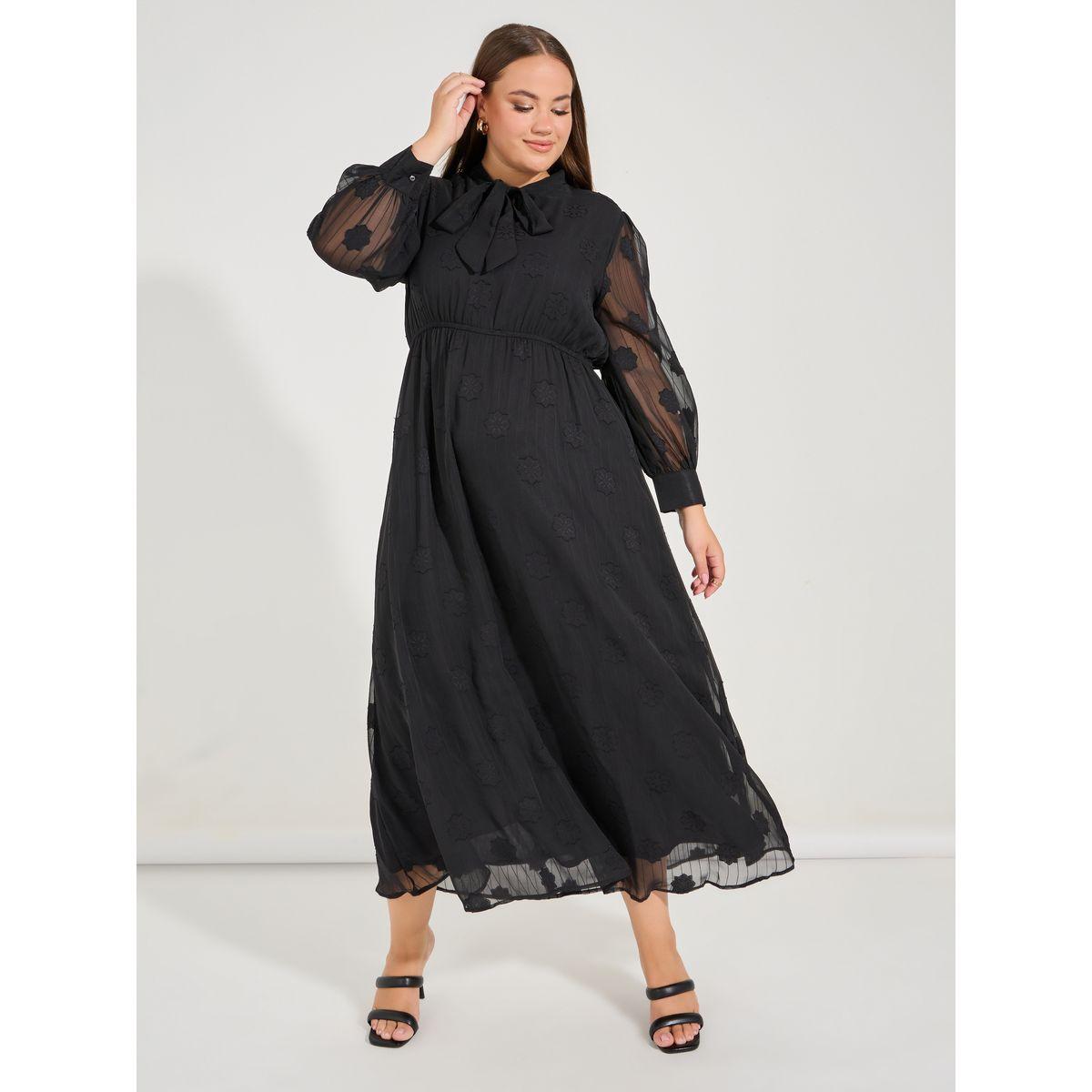 Styli Plus Size Embroidery Detail Maxi Dress with Tie Up Neck-women-clothing-dresses-image-1
