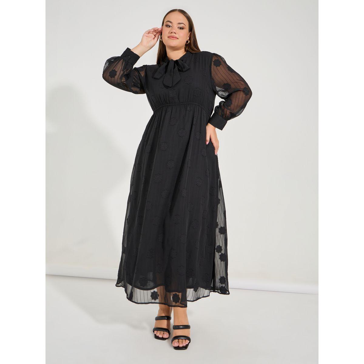 Styli Plus Size Embroidery Detail Maxi Dress with Tie Up Neck-women-clothing-dresses-image-5