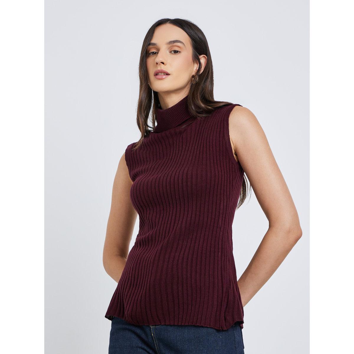 Styli Burgundy Ribbed Turtleneck Sleeveless Sweater-women-winterwear-cardigansandjumpers-jumpers-image-3