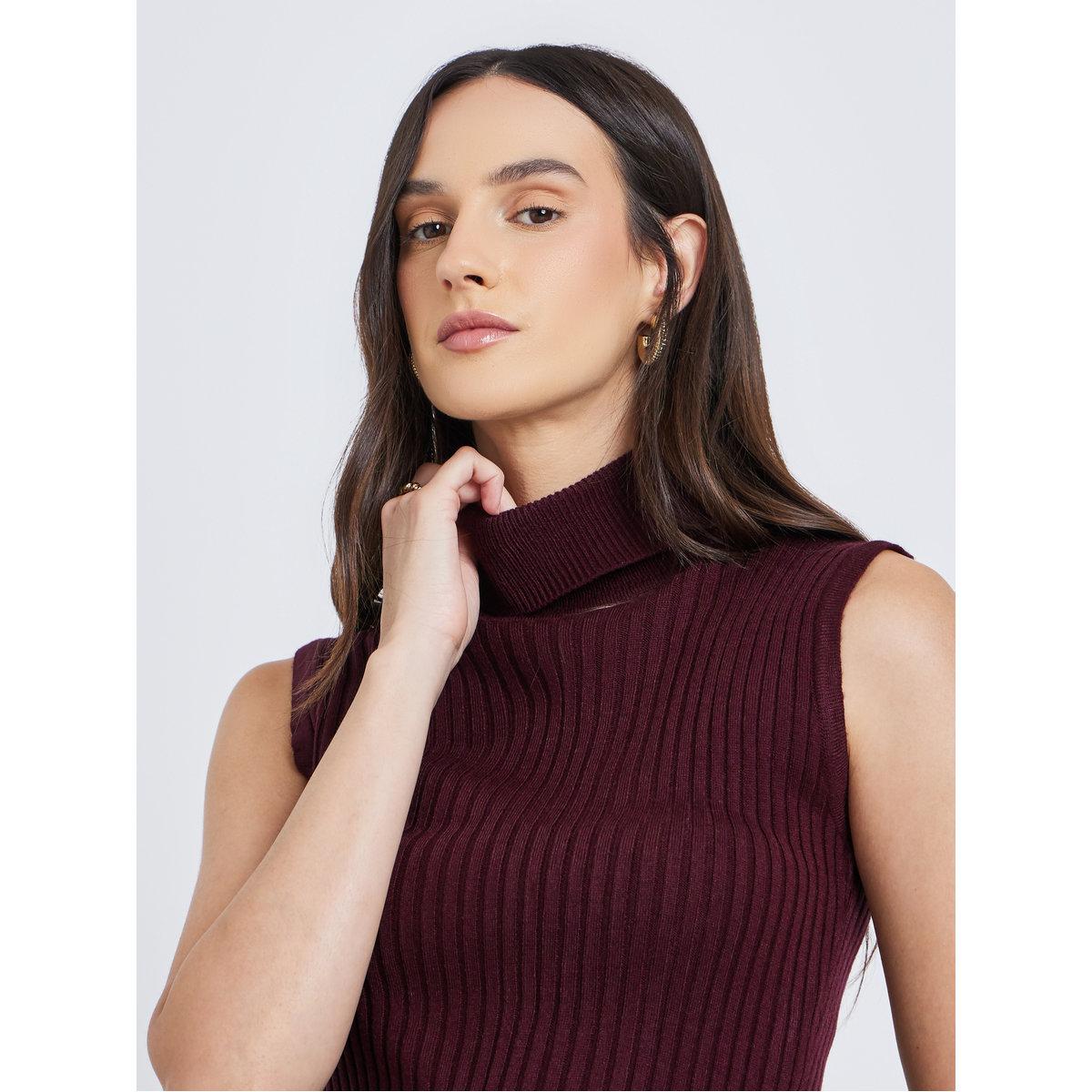 Styli Burgundy Ribbed Turtleneck Sleeveless Sweater-women-winterwear-cardigansandjumpers-jumpers-image-4