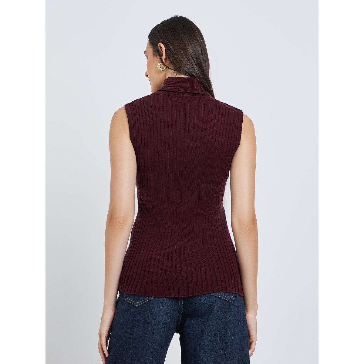Styli Burgundy Ribbed Turtleneck Sleeveless Sweater-women-winterwear-cardigansandjumpers-jumpers-image-5