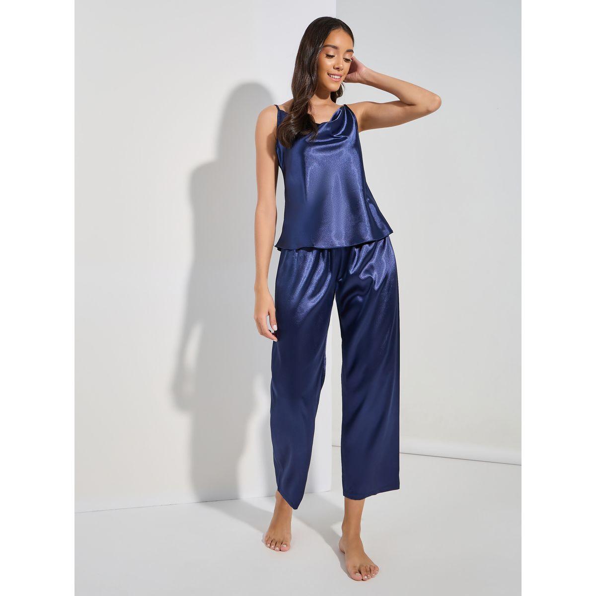 Styli Unwind Solid Satin Cown Neck Cami & Pyjama Set-women-clothing-nightwear-pyjamas-longsets-image-2