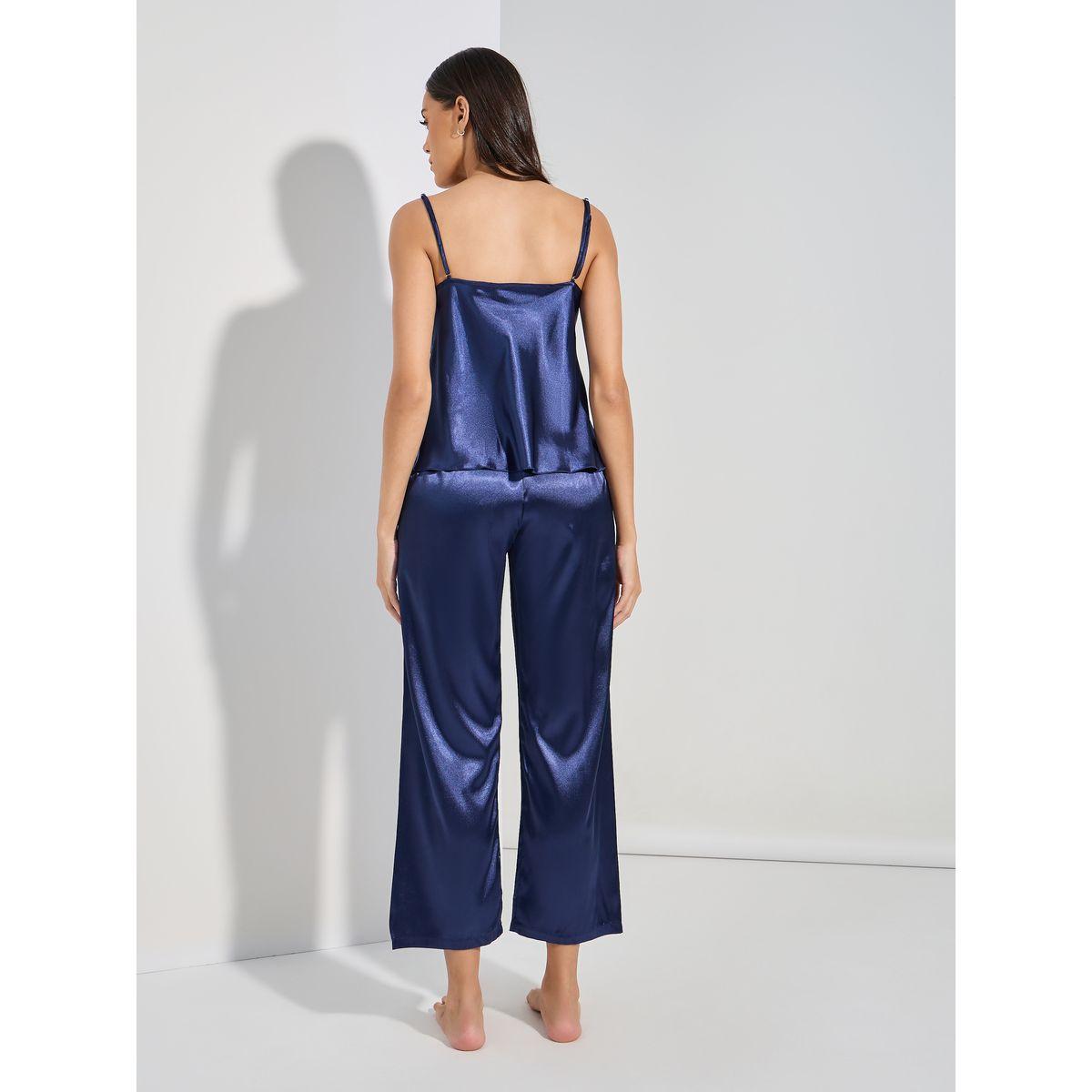 طقم من بنطال بيجاما مع بلوزة ساتان سادة بحمالات-women-clothing-nightwear-pyjamas-longsets-image-6