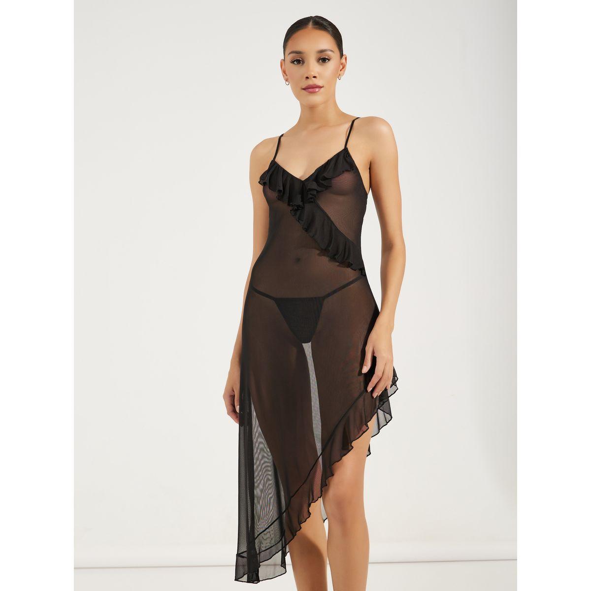 Styli Ruffle Edge Mesh Side Slit Midi Slip Dress-women-clothing-lingerie-babydollsandbodysuits-image-2