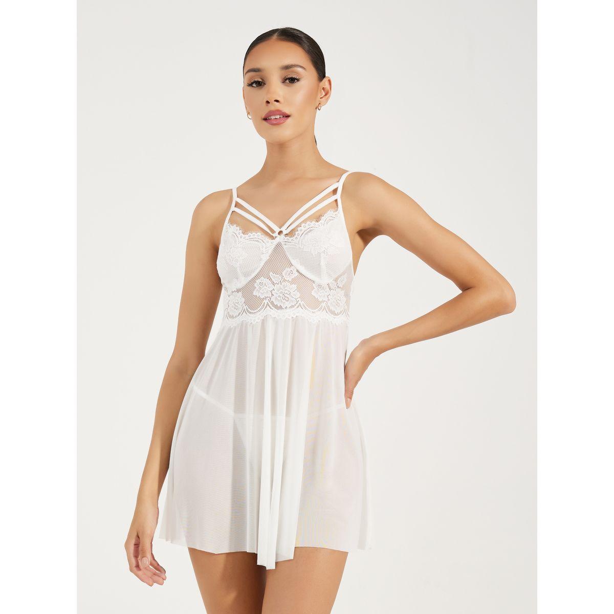 Styli Lace & Mesh Front Slit Babydoll with Double Apex Strap Detail-women-clothing-lingerie-babydollsandbodysuits-image-1