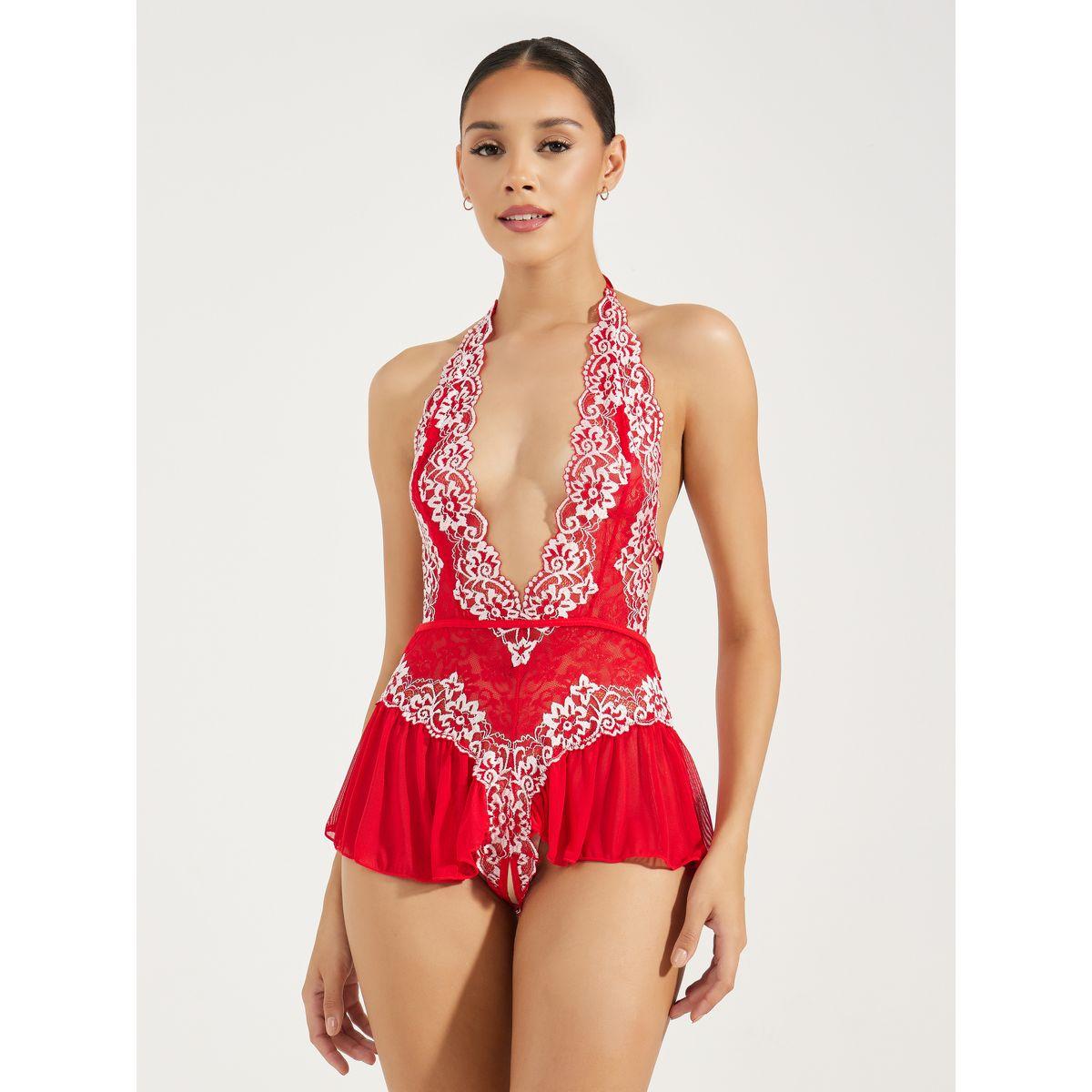 بودي سوت بتفاصيل دانتيل وربطة فيونكة ساتان مع كشكش-women-clothing-lingerie-corsets-image-1