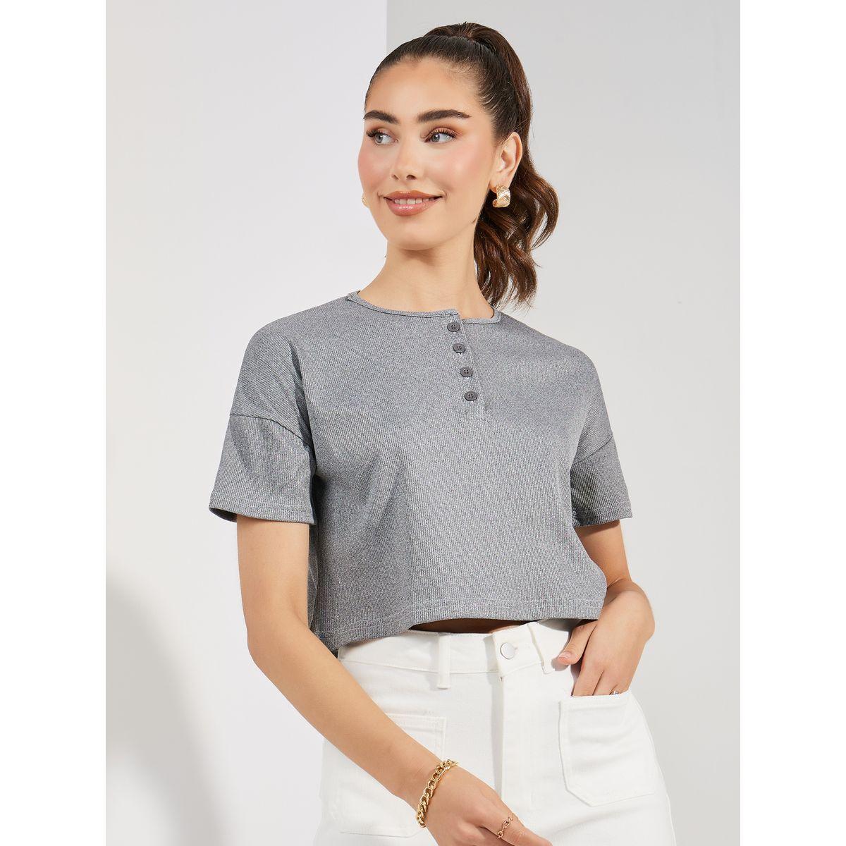Styli Front Button Short Sleeve Crop T-Shirt-women-clothing-tshirts-image-1
