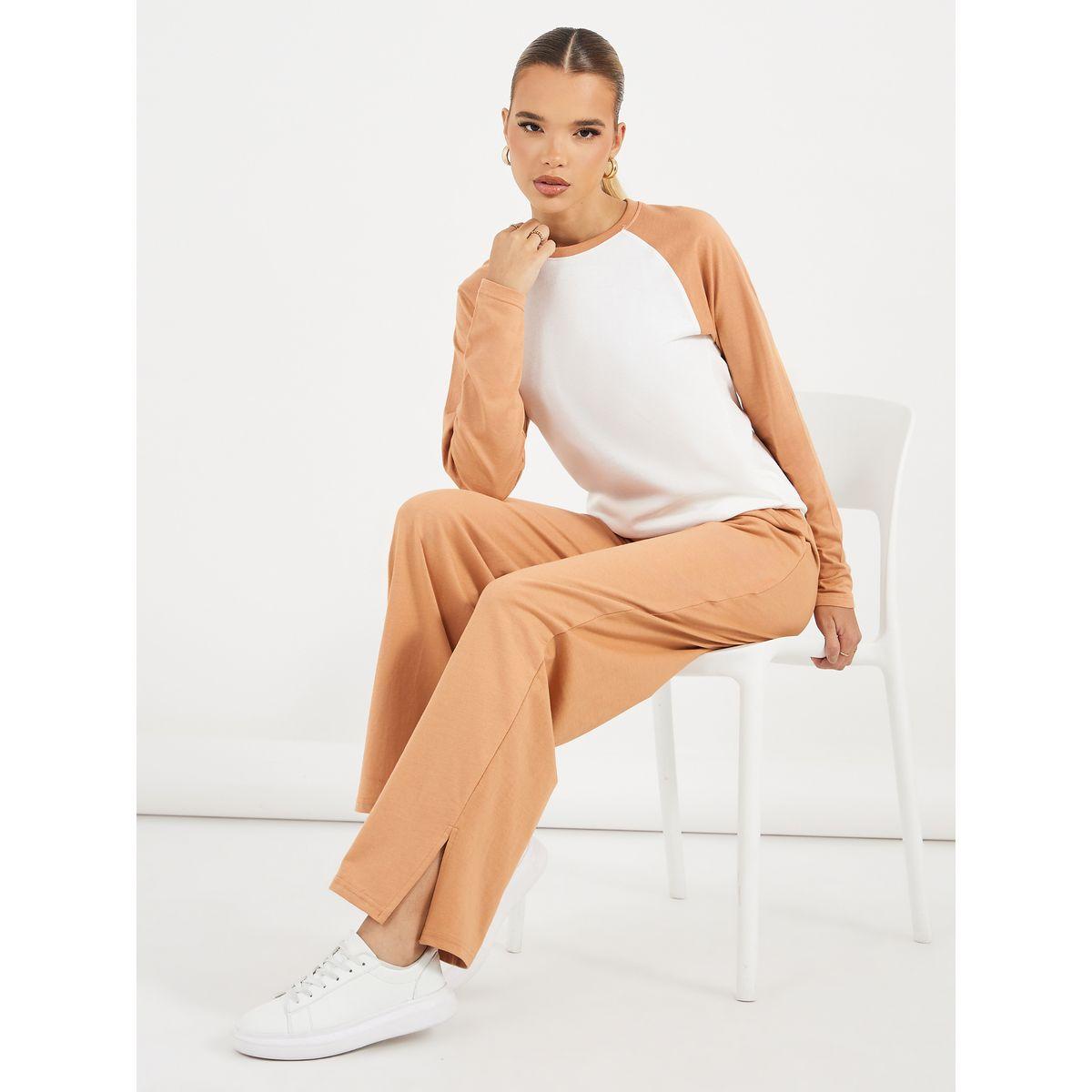 Styli Contrast Raglan Long Sleeve T-Shirt & Wide Leg Joggers Co-Ords-women-clothing-coordsets-image-1