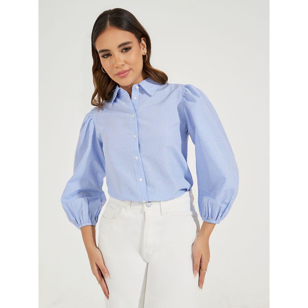 Styli Gingham Check Shirt with Balloon Sleeves-women-clothing-shirtsandblouses-shirts-image-1