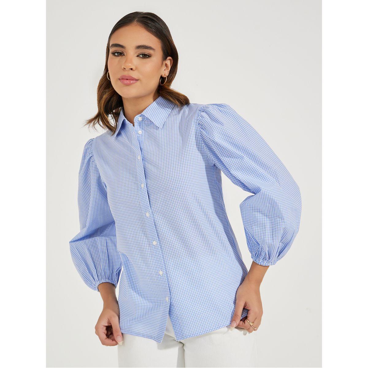 Styli Gingham Check Shirt with Balloon Sleeves-women-clothing-shirtsandblouses-shirts-image-3