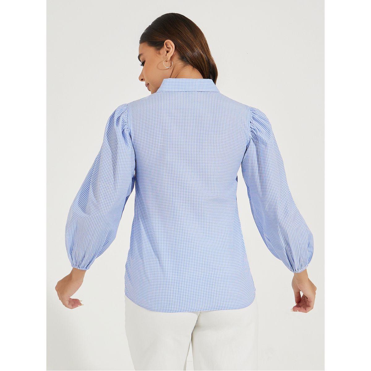 Styli Gingham Check Shirt with Balloon Sleeves-women-clothing-shirtsandblouses-shirts-image-5