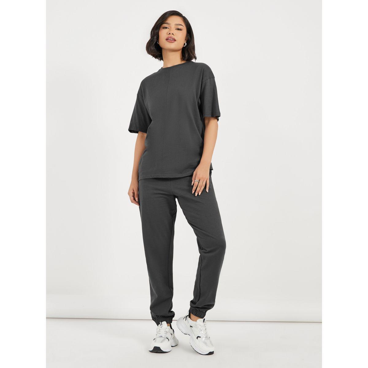Styli Contrast Overlock Detail Overside T-Shirt And Cuffed Jogger Co-Ords Set-women-clothing-coordsets-image-1