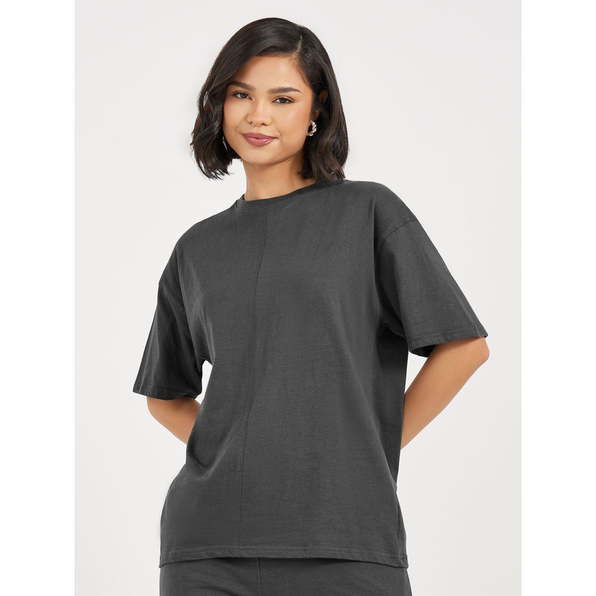 Styli Contrast Overlock Detail Overside T-Shirt And Cuffed Jogger Co-Ords Set-women-clothing-coordsets-image-2