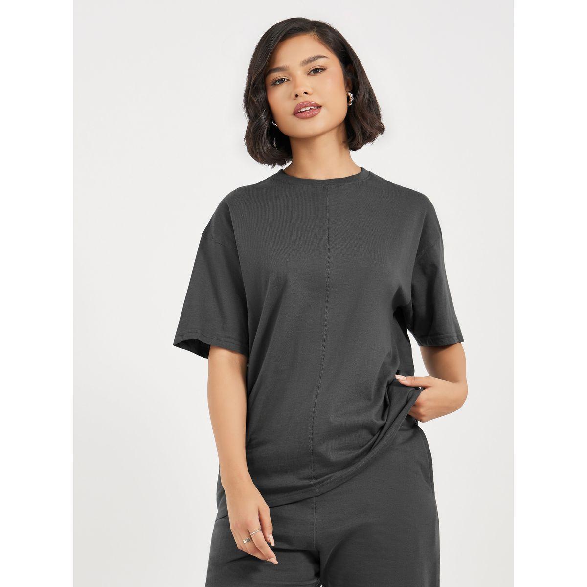 Styli Contrast Overlock Detail Overside T-Shirt And Cuffed Jogger Co-Ords Set-women-clothing-coordsets-image-3