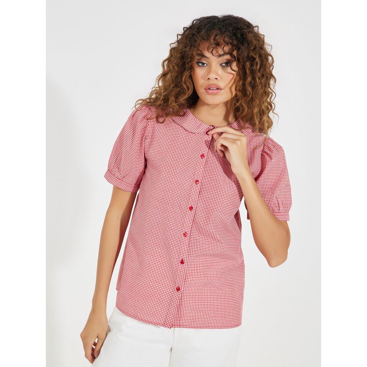 Styli Gingham Relaxed Fit Shirt with Puff Sleeves-women-clothing-shirtsandblouses-shirts-image-1