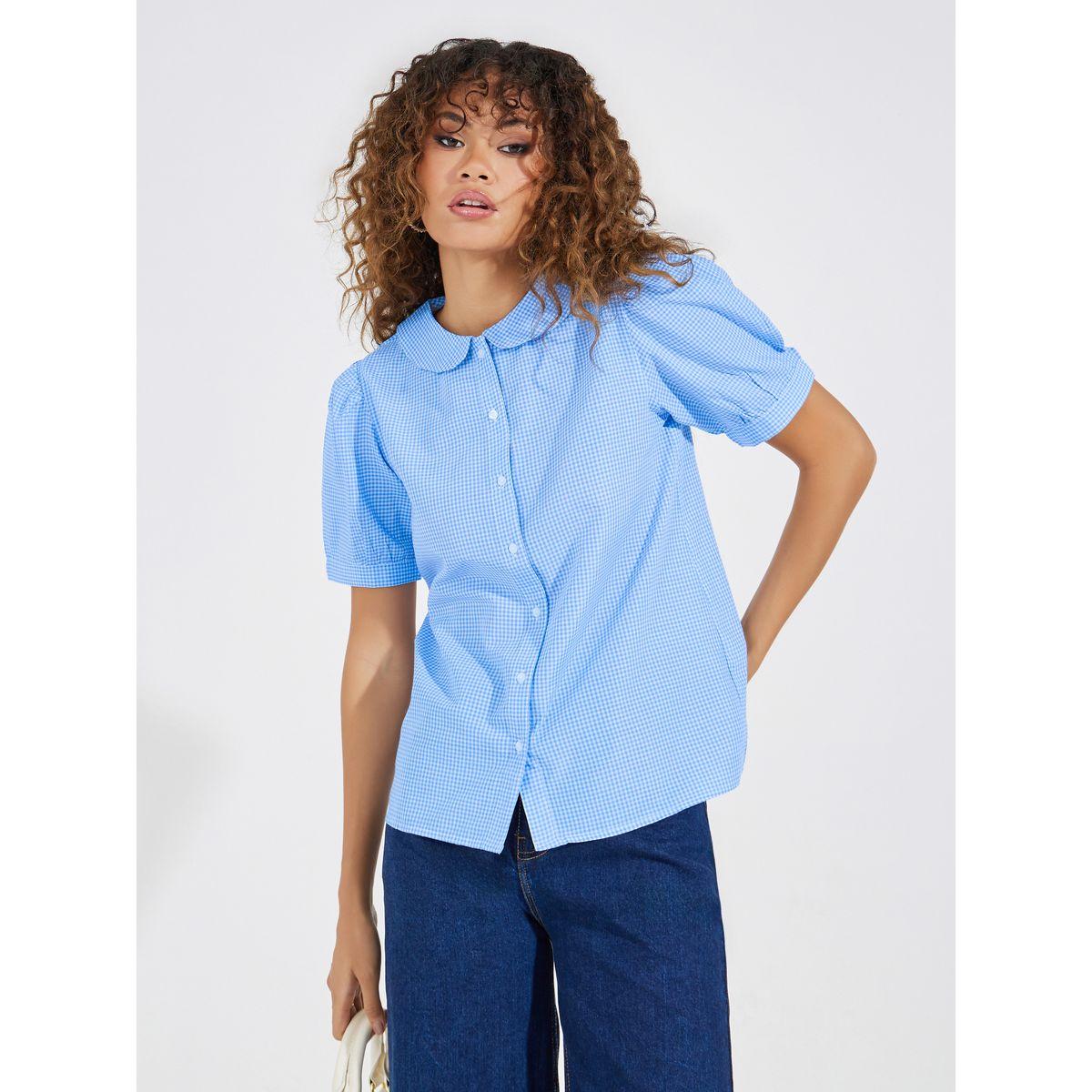 Styli Gingham Relaxed Fit Shirt with Puff Sleeves-women-clothing-shirtsandblouses-shirts-image-1