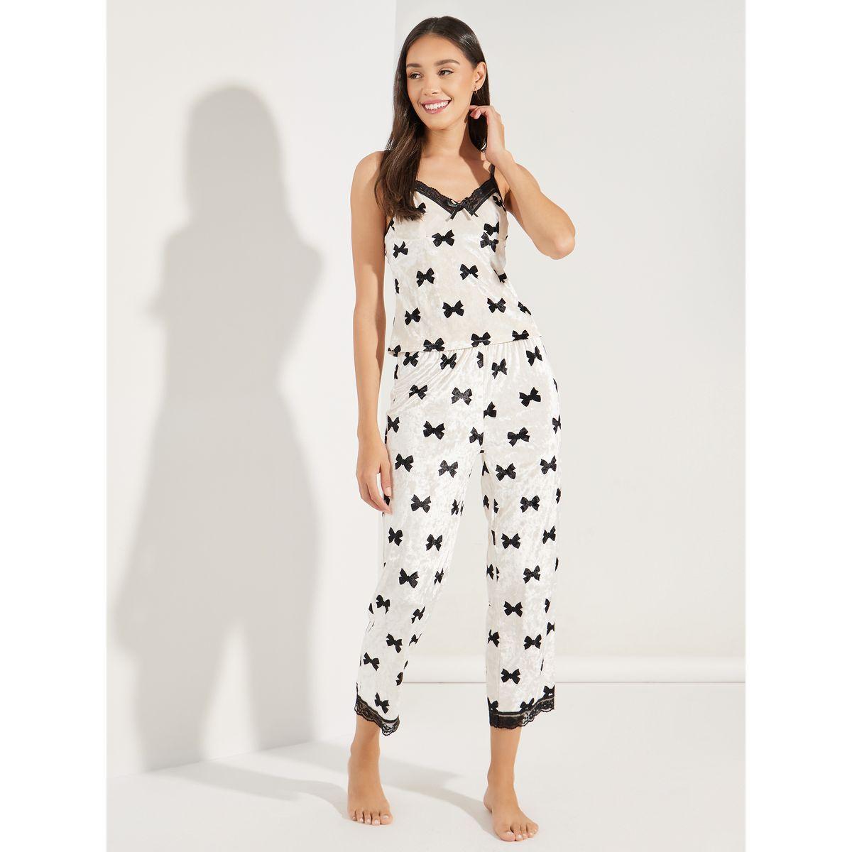 Styli Unwind AOP Bow Print lace Detail Cami & Crop Pant Pyjama Set-women-clothing-nightwear-pyjamas-longsets-image-1