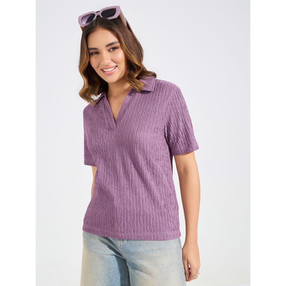 تيشيرت محبوك بياقة بولو مع تفاصيل بارزة الملمس-women-clothing-tshirts-image-3