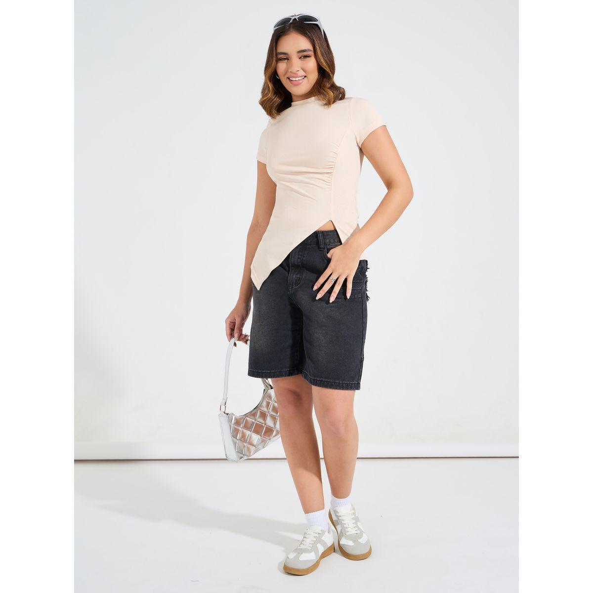 بلوزة مضلعة بياقة عالية مع شق جانبي-women-clothing-tshirts-image-2