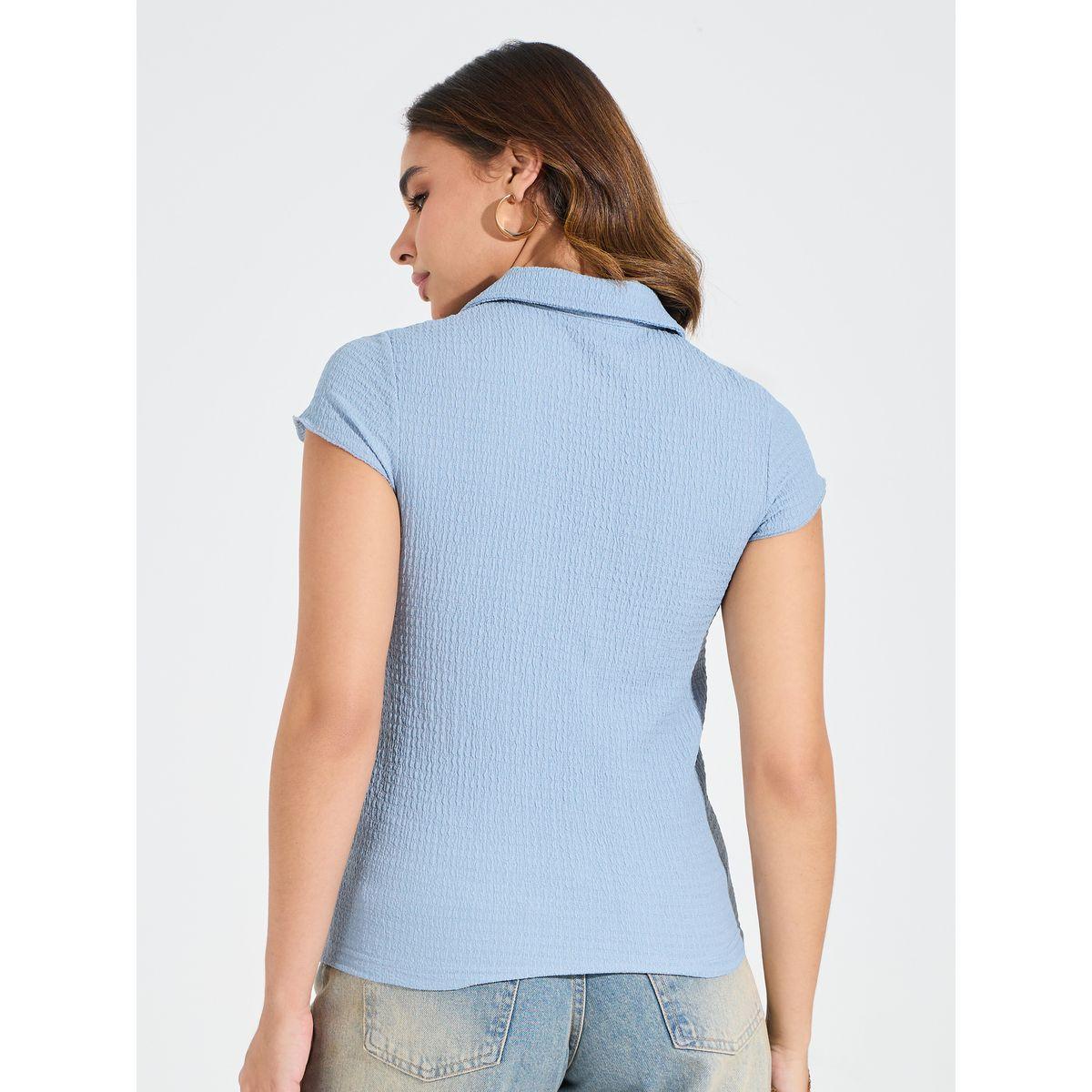 Styli Elevate Regular Fit Textured Polo T-Shirt with Cap Sleeves-women-clothing-tshirts-image-5