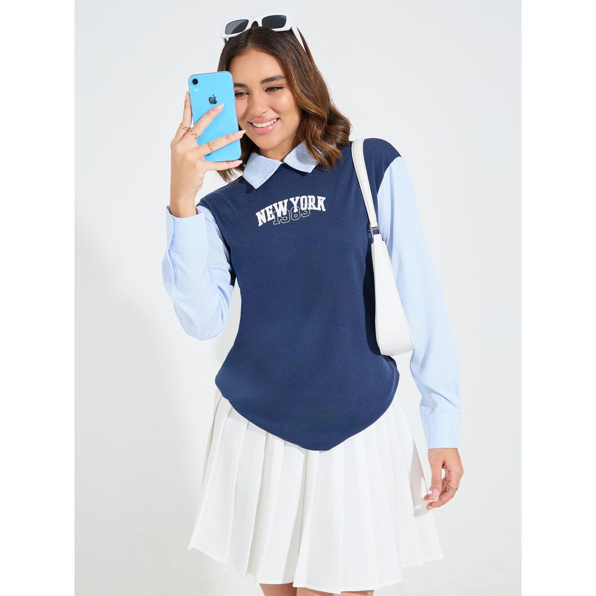 بلوزة مطبعة بكتابة مع تداخلات مخططة ومُتباينة-women-clothing-shirtsandblouses-blouses-image-1